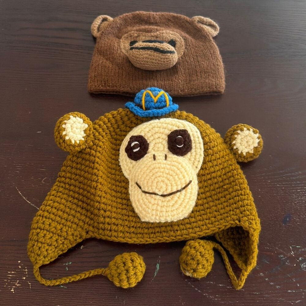 Handmade Monkey Hat Knit Bear Beanie Hat Brown Alpaca Fleece Lined 3D